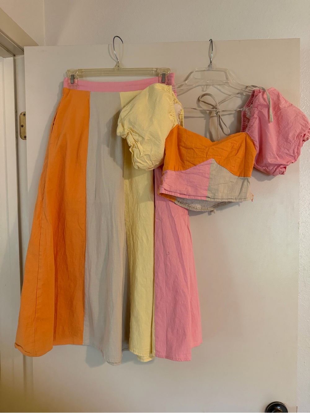 Colorblock A-Line Linen-Blend Midi Skirt in Pink, Orange, Yellow, Cream